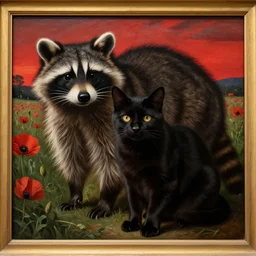 a caravaggio painting masterpiece exposed at the Louvres in paris : a closeup of a black cute adult cat sitting on 4 paws next to big a black and white adult racoon in a field of poppy  with a red sunset in the background. This 4K HD image is Trending on Artstation, featured on Behance, well-rendered, extra crisp, features intricate detail and the style of Unreal Engine.