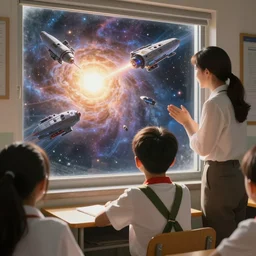 a young pioneer seated in the pupil looking through the window while the teacher is giving class towards the starships heading to the cosmos
