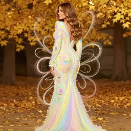 sophia vergara by agnes cecile enki bilal moebius, intricated details, 3 / 4 back view, full body portrait, extremely luminous bright design, pastel colours, drips, autumn lights