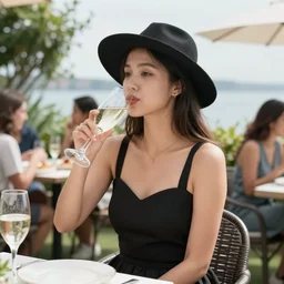 young, beautiful Asian woman in a black sundress, wearing a thin black hat, drinking Prosecco on a waterfront garden brunch party