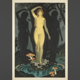 ancient feminine beings, by gediminas pranckevicius, by hasui kawase, dark shadows, woodblock, complementary - colors, tremella - mesenterica, poster, polished, discovering fountain of youth, by james gilleard