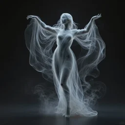 realistic render of a full height translucent ethereal ghostlike model fluid simulation in houdini dancing in dark smoke like robes and silk veils by ilm, paolo roversi, nick knight, gill elvgren, beautiful futuristic simplified form distorted by turbulent movement, dark studio background, deep color, trending on artstation, hyperrealism, matte painting, dutch golden age, very fine detail, zbrush central
