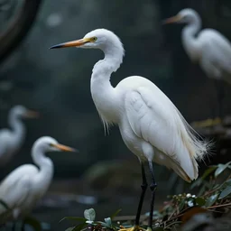 an extremely detailed masterpiece photorealistic of a snowy egret in a bird sanctuary rookery, in the style of brian bolland, digital art, unreal engine, volumetric lighting, dark moody lighting, epic scene