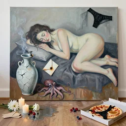 a female artist's apartment, portrait of a woman sleeping, cracked japanese pottery vase, sensual, smouldering burnt envelopes, candles, white flowers on the floor, puddle of water, octopus, squashed berries, pizza box, pancakes, black underwear, neo - expressionism, surrealism, acrylic and spray paint and oilstick on canvas