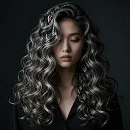 dramatic photo of a woman with super wavy snake marble hair. moody and melanchonic.