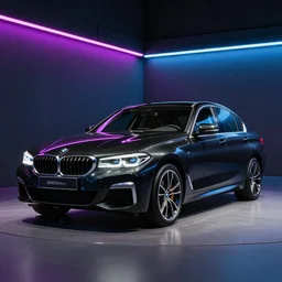 product shot of black BMW, neon lights