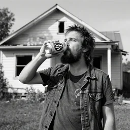 crusty train punk drinking a 40oz malt liquor outside an abandoned home, black and white high definition photograph