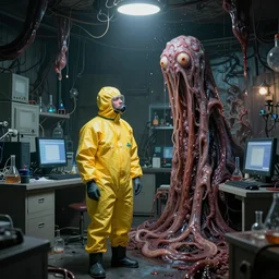 a man in a yellow hazmat suit looks on helplessly as a huge slimy meat monster grows out of control in a creepy basement lab full of science and computer equipment