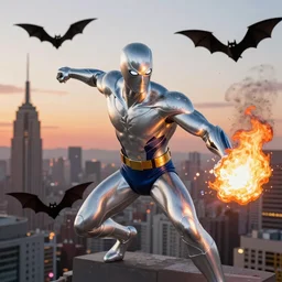 Marvel Comics Silver Surfer Combats The Human Torch In Neo Tokyo, bats, sunset, volumetric lighting, hyperrealistic, beautiful details, HDR, octane render, action shot, wide angle, bokeh, Yasushi Niarasawa Moebius Jim Steranko Style