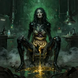 dark green steamy hi-tech sci-fi lab at night, realistic gustave coubert painting of hideous and sick black onyx skin woman with beautiful face dressed in rags exposed guts crawling in two legs and dripping golden metalic fluid from intestine into a puddle of golden liquid on the floor. Smokey atmosphere