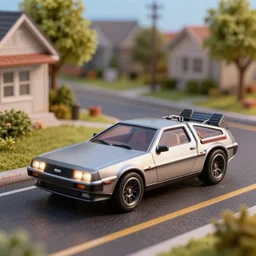 hot wheels delorean car on a suburban street diorama scene, cinema 4 d, octane, render 8 d, cinematic lighting, product shot, commercial photography