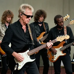 eric clapton playing black fender stratocaster, bob stroger playing bass, tab benoit playing rhythm guitar, full band picture, photorealistic, intricate details naturalism, color reversal film, award - winning photograph