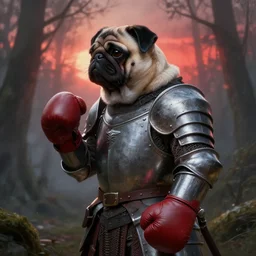 artstation very detailed realistic dramatic shaded  digital portrait painting by frazetta , backlight sideview oversized anthropomorphic pug with boxing gloves is wearing medieval armor , moody forest foggy background , tank reclaimed by nature and red sunset backlight
