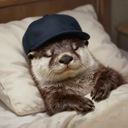 a smiling otter wearing a night cap, in bed, hed resting on a pillow, eyes closed, realistic, very detailed, high quality, masterpiece, digital painting by artgerm, by Ralph Horsley