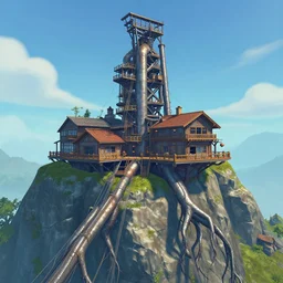 A steelworks villa on the peak of the mountain, giant metallic cables leading down like tree roots, TF2 screenshot, digital art, artstationhq, by Jordan Grimmer and Victor Mosquera