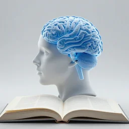 open book and half-face The head with blue semi-transparent brain, light