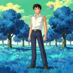 a field with blue and cyan grass, tall round blue trees, green sky, yellow clouds, planet namek. an anime action image of carlos gardel as a dragon ball z character, animated, fighter, with muscles and a freeza armor, in the style of dragon ball z anime, toriyama, toei