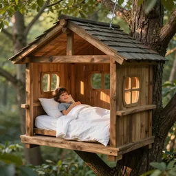 bed in tree house, by ian llanas, 4 k, volumetric lighting, hyper realistic, happy