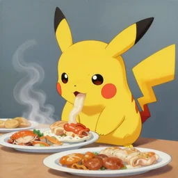 pikachu eating steamy plates of food, painting by jeremy mann