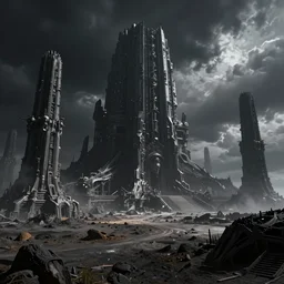 bleak exoplanet landscape, massive abandoned alien tech, black mos eisley with skeletal temple buildings designed by hr giger, black clouds, hyper realistic octane render, hd, cinematic, george lucas