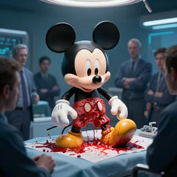 mickey mouse, dissected by a group of network executives, on an operating table, octane render, cgstation, 3 d render, very detailed, mindblowing, blood and guts, gritty, cyberpunk