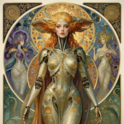 detailed realistic beautiful young cher alien robot as queen of andromeda galaxy portrait by jean delville, gustave dore and marco mazzoni, art nouveau, symbolist, visionary, baroque, giant fractal details. horizontal symmetry by zdzisław beksinski, iris van herpen, raymond swanland and alphonse mucha. highly detailed, hyper - real, beautiful