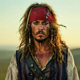 photo portrait of an rugged strong albino african pirate with a red headband | brown brown!!!!! vest | young adult, thin blonde mustache no beard, big big afro blonde hair, stern face, rugged and dirty, cinematic lighting at sundawn, movie color grading