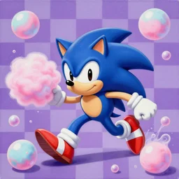 cute sonic the hedgehog matte painting by shusei nagaoka, kaws, david rudnick, airbrush on canvas, pastel colours, cel shaded 4 k surreal album cover of a liquid bubbles airbrush art lsd taffy sonic the hedgehog dashing through cotton candy purple checkerboard background 1 9 9 0 s 1 9 9 2 sega genesis rareware video game album cover