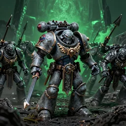 The green damned horde as the undead. The final boss fight of the Warhammer 40K era. Space Grey and Necronomicon. High contrast in the foreground and shadows
