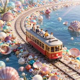 a streetcar is running on the chromatic sea composed of colorful pearls and shells, unreal engine, fantasy art by greg, loish, rhads, ferdinand knab, makoto shinkai and lois van baarle, ilya kuvshinov, rossdraws, tom bagshaw, radiant light, trending onstudio ghibli, highly detailed, octane render, 8 k