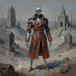 a three - legged chrome robot wearing a long leather trenchcoat standing in front of hematite badlands, matte oil painting, rust, salt, science fantasy, sacred, shrines, trees, rpg, queer, lgbt, pride, epic, extremely detailed, sharp focus, 4 k
