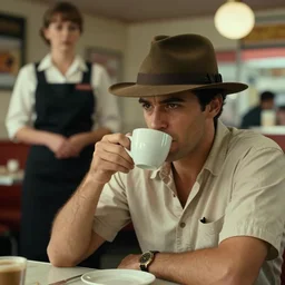 man in hat and shirt drink coffee, waitress on background, screen short from mafia 2, cinematic, 1 9 3 0 style, diner caffee