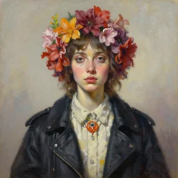 hyperrealist oil painting by raphael of flowerpunk fashion model portrait
