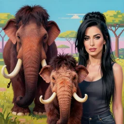 beautiful lifelike painting of flava flav and amy winehouse on safari hunting endangered mammoth furby, hyperreal detailed facial features and uv lighting, retro pixel bitmap art by ed roth and basil wolverton