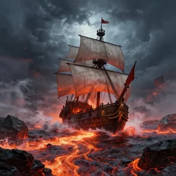 a galleon in the middle of a cataclysm in a huge storm with rivers of lava, epic, fantasy, artstation, hd