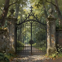 beautiful digital painting high quality heavy iron gothic gate in the woods cobblestone ground by ARnold Böcklin, artstation behance