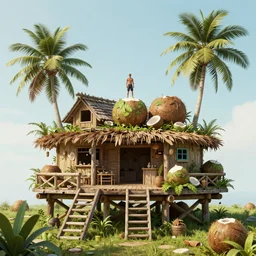 an concept art illustration, fantasy, coconut shack biome, man standing on a platform style by wlop, trending in artstation, cgsociety, octane render, ultra sharp, 8 k