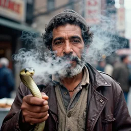 closeup portrait of a snake oil salesman in a smoky new york back street, photograph, magazine, press, photo, Annie Leibovitz and Steve McCurry, CANON Eos C300, ƒ1.8, 35mm, 8K