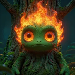 detailed rocky scene, a close up of a funny cute tree monster fire spirit, with detailed large glowing eyes, and flaming hair by maurice sendak, shaun tan made in hyperrealistic 3 d, octane render, dark green colours, sharp focus, 8 k, nighttime