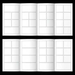 a complete spread of an empty diy graphic novel template, placeholder panels, empty comic, color book, drawing, concept, full spread, complete pages, black and white
