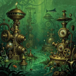 dream swamp with a lot of steampunk mechanisms inside zoological scientific illustration, made by James Gurney in rich and saturated shades of dark green