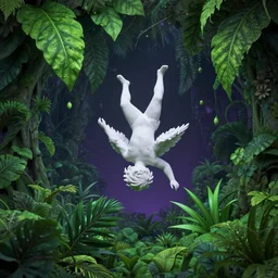 a small white falling angel head over heels in a highly detailed over dimensional green leaves that are not from this world with black vaines, fantasy jungle, photorealism, unreal engine, purple hue