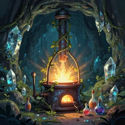 in the underground crystal cave forest, a magic potion metal smelting furnace wrapped by vines emits mysterious light. beside the smelting furnace are various potion bottles. ) ) ) ) ) ) and the atmosphere is very strong ) ) ), trending on artstation, illustrated by greg rutkowskia, 4 k digital art, the style of borderlands 2