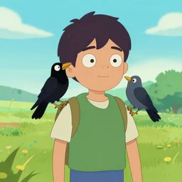 a small boy with dark hair, wearing farm clothes, he has a small crow on his shoulder, artstation, inspired by adventure time, by padleton ward