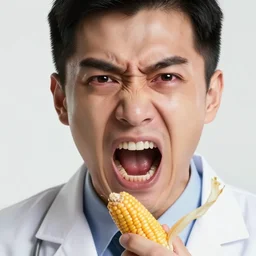extremely detailed portrait closeup of a doctor angrily yelling at a corncob, bloodshot teary eyes and immense anger