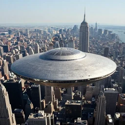 aerial photo of a mile-wide alien flying saucer UFO mothership crashed in the middle of New York City, huge crashed alien spaceship