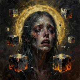 glitchy cubes, magic halo, broken soul, deep sickness oil paint, surrealist highly detailed at, ethereal, trending on art station, emotional surrealism oil painting, tears, crying, glitching squares, very very very very very beautiful and painful, aged damaged on edges, fire pain, black gold color scheme