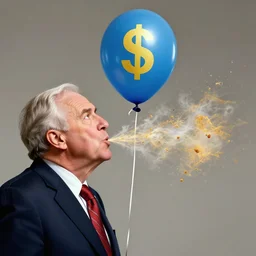 digital art of average us senator blowing up a balloon with a dollar sign on the balloon