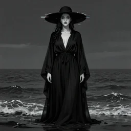 pretty face of madonna,A creature 5 meters tall, in a black chiffon layered robe, epic , in a glitch hat Stuck in the textures of the sea, style of Hiroshi Sugimoto atmospheric illustration
