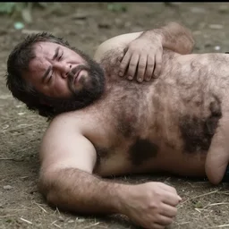 stocky savage hairy man hurt lying on the ground, big eyebrows, stolen footage, natural light